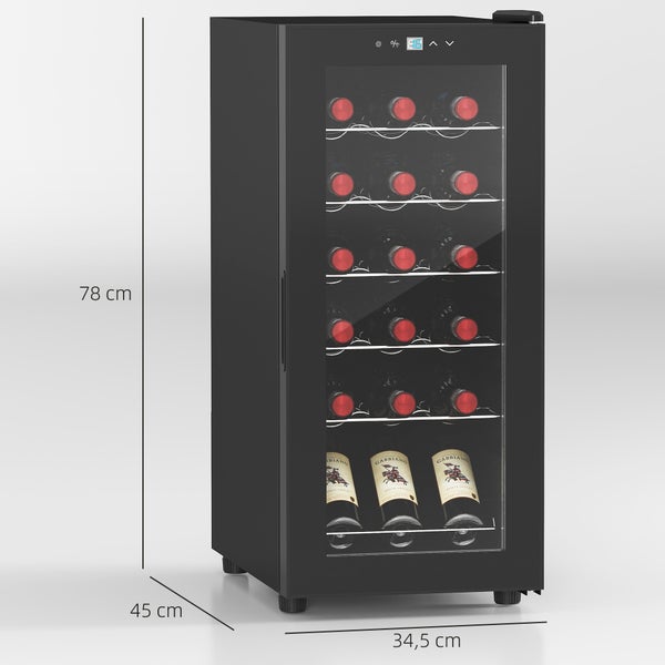 Schwarzer Weinkühlschrank mit Glastür, Maße 78 mal 34,5 mal 45 Zentimeter, digitale Temperaturanzeige, Platz für Weinflaschen.