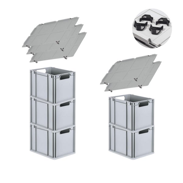PROREGAL Spar Set 5x Eurobox Nextgen Economy Mit Auflagedeckel & 4x Schiebeschnappverschlüsse Schwarz Griffe Offen HxBxT 32 x 30 x 40 cm 30 Liter