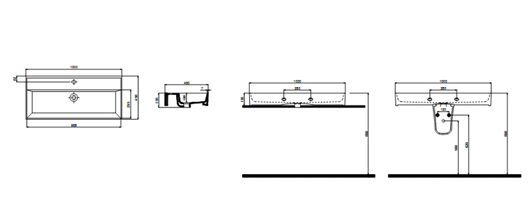 Technische Zeichnung eines Waschbeckens mit Maßangaben