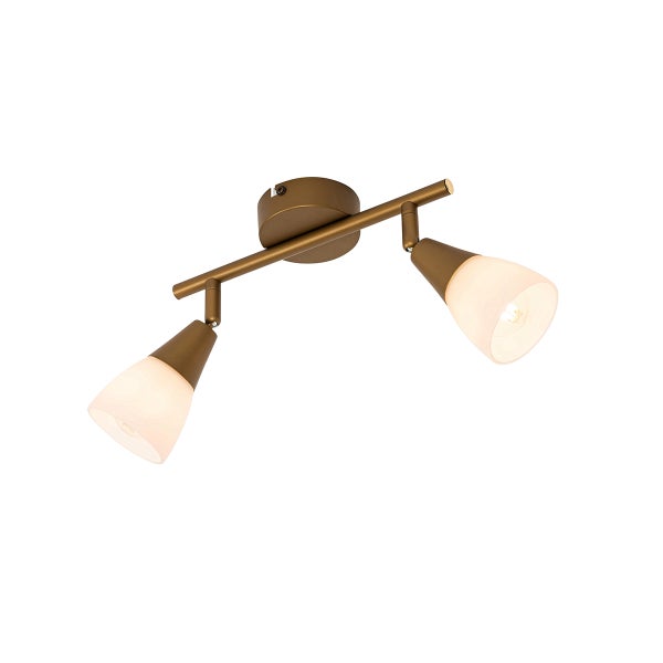 Zwei-flammiger Deckenstrahler aus Metall in Bronze-Optik mit verstellbaren Spots und weißen Glasschirmen in Kegelform.