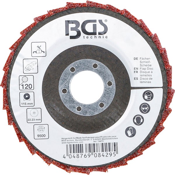 Fächerschleifscheibe mit einer Körnung von 120 und einem Durchmesser von 115 Millimetern