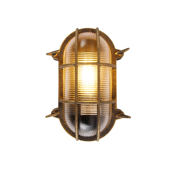 Ovale Außenwandleuchte im Industriedesign aus bronzefarbenem Metall und geriffeltem Glas, eingeschaltet.