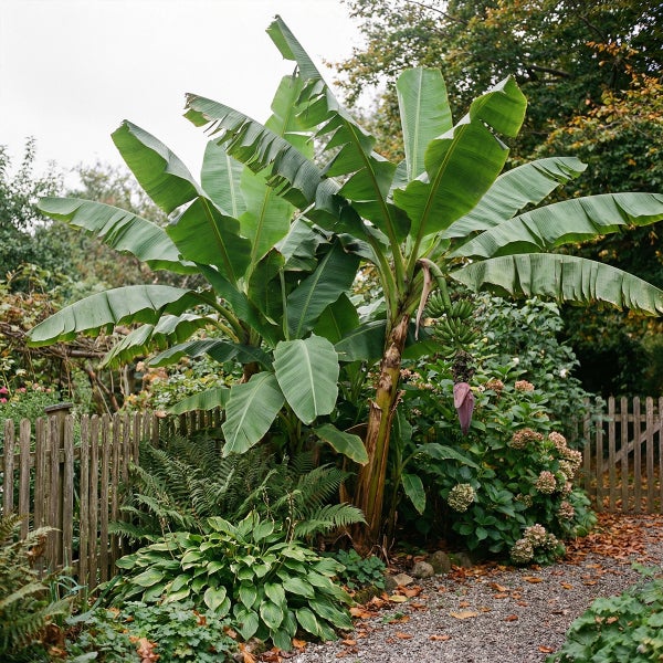 Bananenstaude Musa mit großen Blättern im Garten neben einem Holzgartenzaun und Farnen.