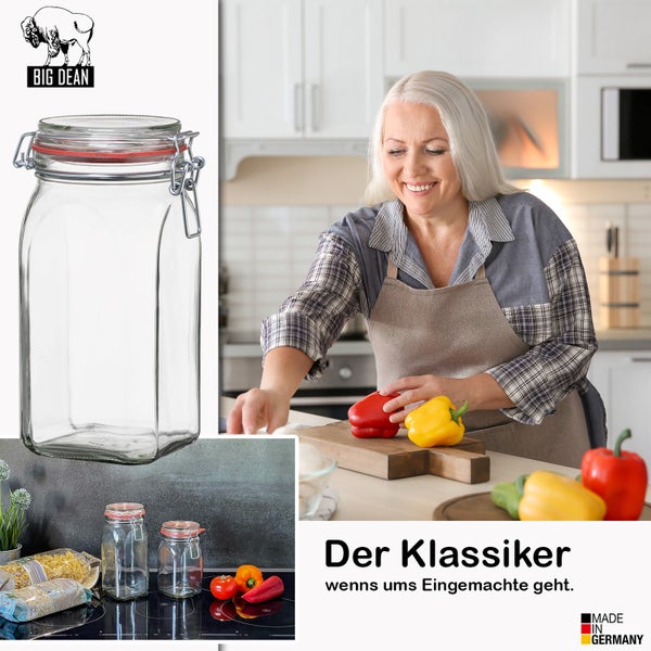 Glas mit Bügelverschluss und rotem Dichtungsring von Big Dean in der Küche, im Hintergrund kocht eine Frau. Im Vordergrund steht der Text: Der Klassiker, wenn es ums Eingemachte geht.