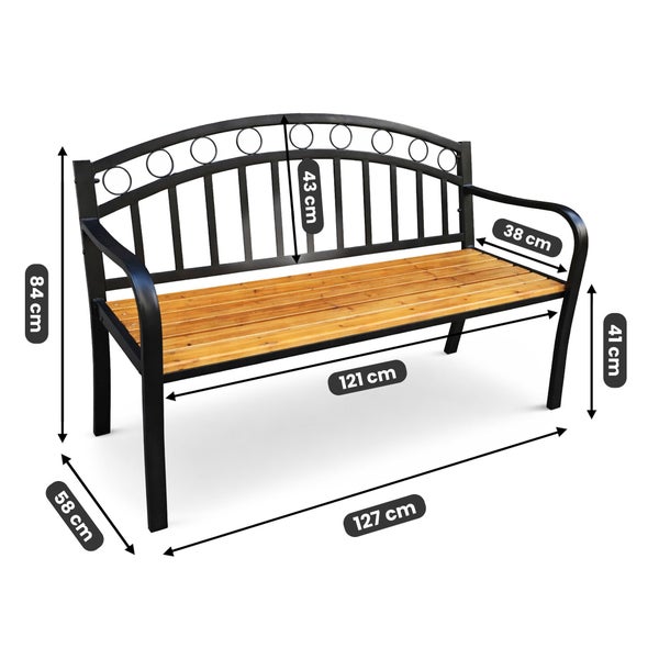 Gartenbank aus Metall und Holz: Breite 127 Zentimeter, Höhe 84 Zentimeter, Tiefe 58 Zentimeter und Sitzhöhe 41 Zentimeter.