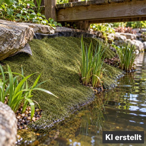 Pflanzmatte für den Teichrand am Ufer, ausgestattet mit integrierten Pflanztaschen zur Begrünung von Teichufern.