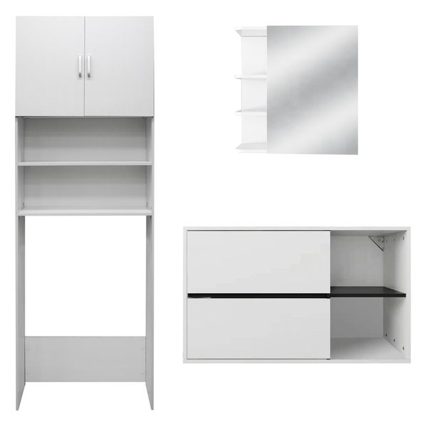 ML-Design Badmöbel-Set 3-teilig Badezimmermöbel Set Badmöbel Komplettset Spiegelschrank Waschtisch mit Unterschrank Waschmaschinenschrank Badezimmerschrank Badschrank, Modern Weiß Holz, viel Stauraum