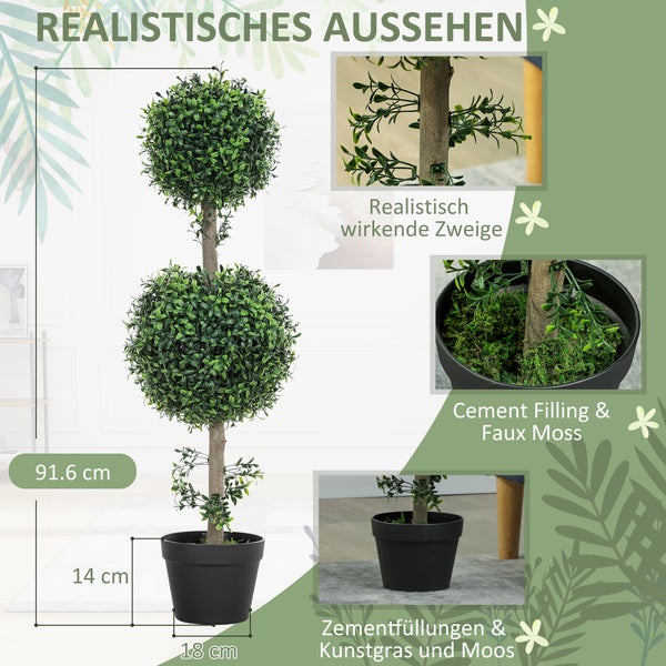 Künstlicher Buchsbaumkugel-Baum mit zwei Kugeln, Höhe 91,6 Zentimeter, schwarzer Topf mit künstlichem Moos und Zementfüllung.