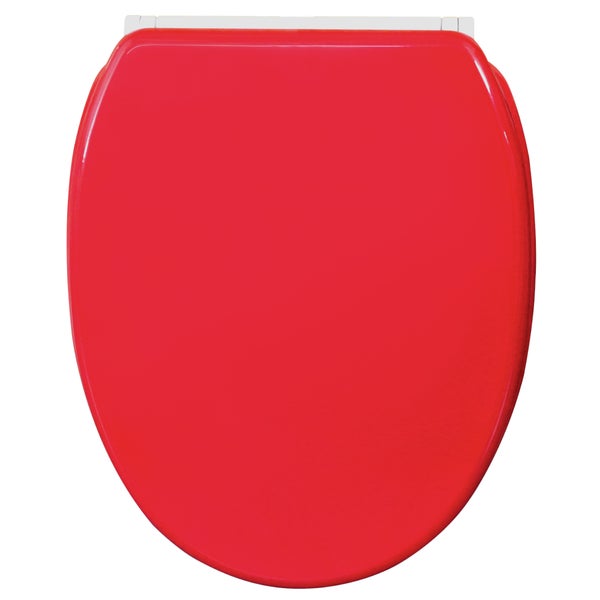 Roter WC-Sitz mit Deckel in ovaler Form.