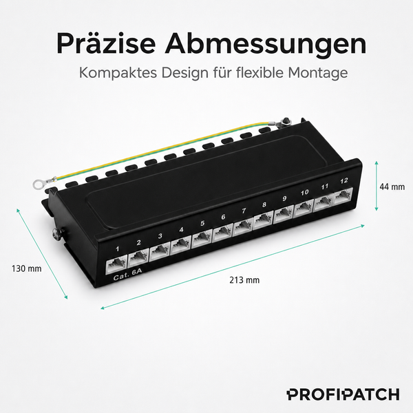 Patchpanel Kategorie 6A mit 12 Ports, Maße 213 Millimeter Breite, 130 Millimeter Tiefe, 44 Millimeter Höhe. PROFIPATCH Logo.