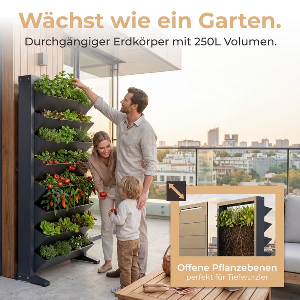 Vertikale Pflanzsäule für den Balkon mit mehreren Ebenen und 250 Liter Erdvolumen für den Anbau von Gemüse und Kräutern inklusive Familie.