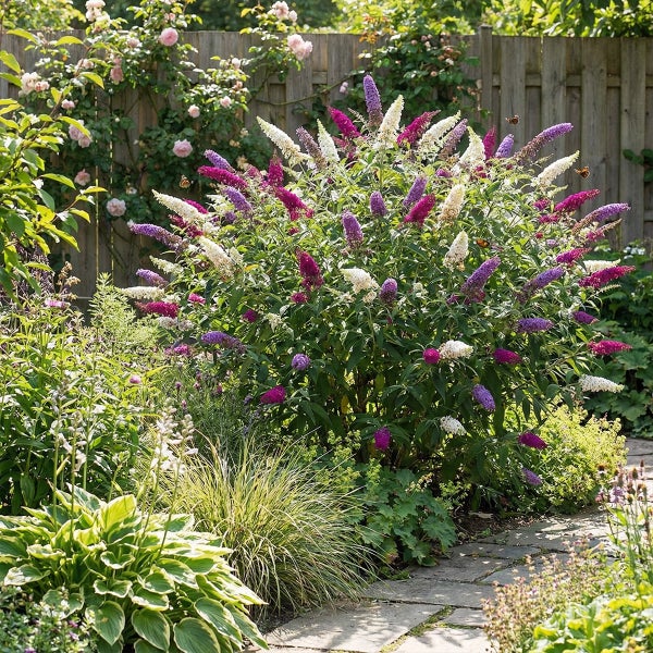 Ein blühender Sommerflieder Buddleja davidii mit weißen, violetten und magentafarbenen Blütenrispen in einem Garten neben einem gepflasterten Weg.