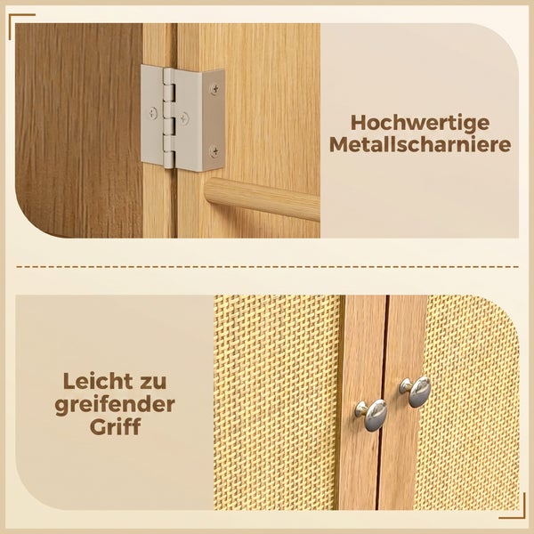 Detailansicht eines Schranks mit Metallscharnieren an einer Holztür und runden Metallgriffen an Türen mit Rattanoptik.
