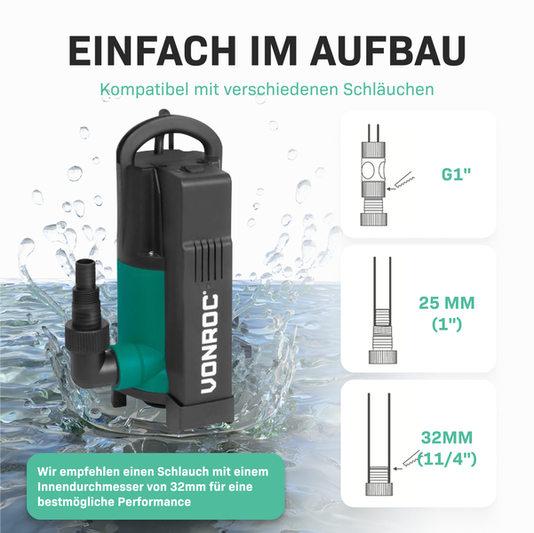 VONROC Tauchpumpe mit integriertem Schwimmer [750W] - Schmutzwasserpumpe für Keller, Pool, Gartenteich - Flachsaugend max Höhe [7,5m] - 1400 l/h für sauberes und schmutziges Wasser