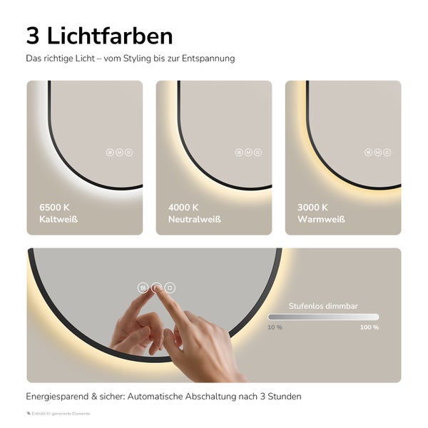 Badezimmerspiegel mit einstellbaren Lichtfarben von 3000 bis 6500 Kelvin und stufenloser Dimmfunktion sowie automatischer Abschaltung.