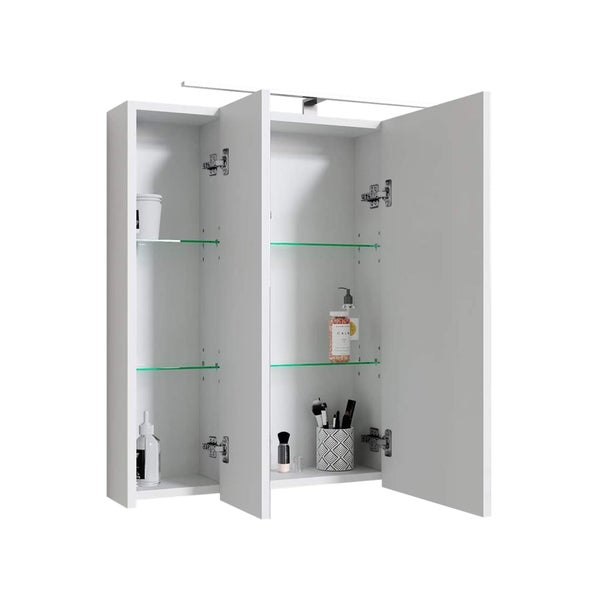 ML-Design Spiegelschrank Bad 3-Türig mit LED Beleuchtung, Steckdose, Lichtschalter und 6 höhenverstellbaren Glaseinlegeböden, 72,4x72x15 cm, Weiß, Badschrank Badezimmerschrank Badspiegel Wandspiegel