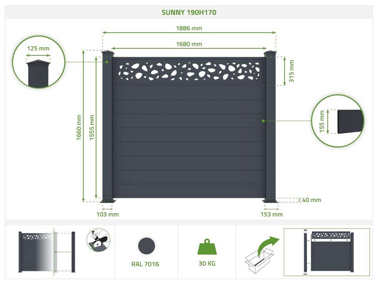 Set mit 3 Aluminiumzäunen SUNNY 190H170 grau