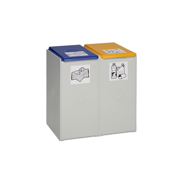 Mülltrennsystem aus Kunststoff mit zwei Behältern, blauem und gelbem Deckel sowie Piktogrammen für Papier und Kunststoff.