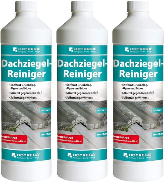Drei Flaschen Hotrega Dachziegelreiniger Konzentrat zur Entfernung von Grünbelag, Algen und Moos auf Dachpfannen, ergiebig für 200 Quadratmeter.