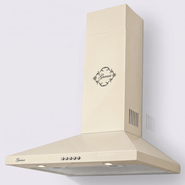 Wandhaube im Retro Design von Gurari mit Beleuchtung und Bedientasten zur Dunstabzugshaubensteuerung.