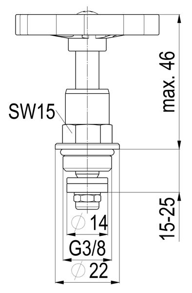 Maßzeichnung eines Oberteils für Armaturen mit Handrad und Gewinde G 3/8 Zoll, maximale Höhe 46 Millimeter.