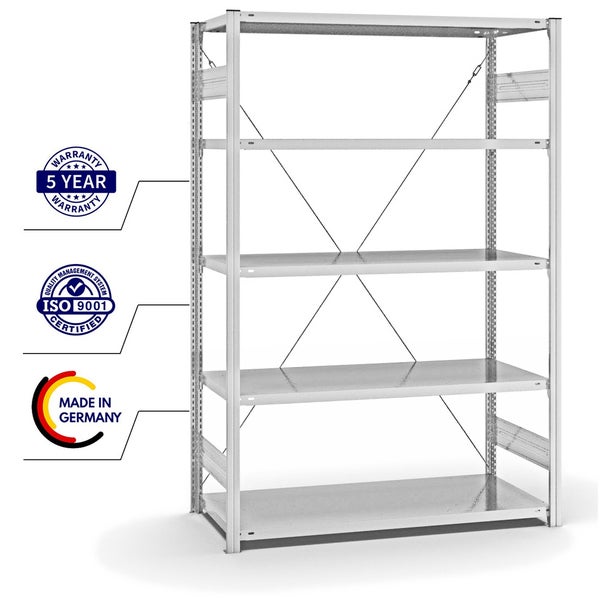 PROREGAL Fachbodenregal Stecksystem T-Profil Light-Duty Grundregal HxBxT 200 x 130 x 60 cm 5 Ebenen Fachlast 190 kg Einseitig Nutzbar Lichtgrau