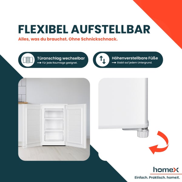 homeX Gefrierschrank Tiefkühlschrank klein 87L Nutzinhalt 4-Sterne Gefrieren kompakt und freistehend leise weiß