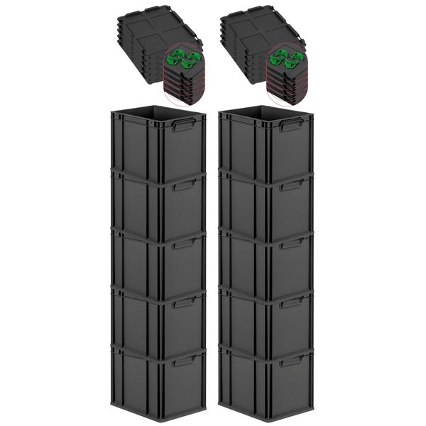 PROREGAL SparSet 10x Eurobox NextGen Grip mit Auflagedeckel inkl. 4 grünen Schiebeschnappverschlüssen, HxBxT 32x30x40cm, 30 Liter, Schwarz, Griffe geschlossen, Eurobehälter, Transportbox, Transportbehälter, Stapelbehälter