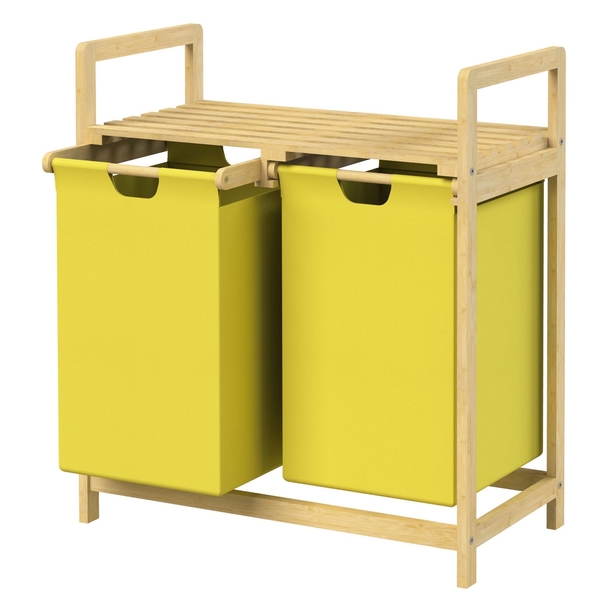 ML-Design Wäschekorb aus Bambus, Gelb, Wäschebox mit 2 Fächern, Wäschesammler mit 2 ausziehbaren Wäschesäcken 60 L, Wäschetruhe mit Ablage, Wäschesortierer für Badezimmer, Wäschetonne mit Regal