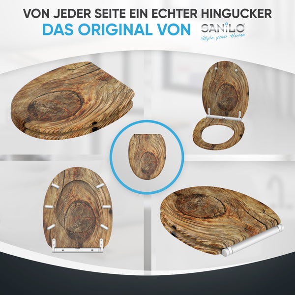 Sanilo WC-Sitz mit Holzoptik aus verschiedenen Perspektiven wie geschlossen, geöffnet, Draufsicht und Unterseite. Sanilo Logo.