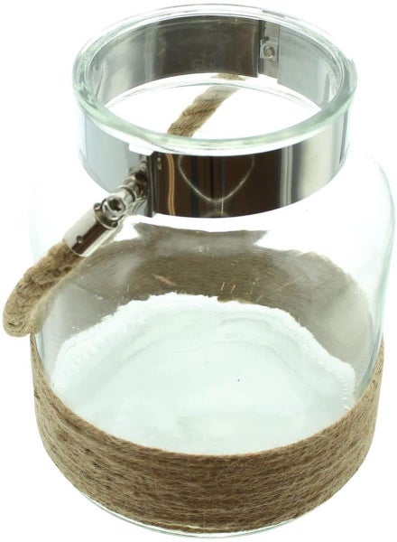 Dekoglas mit Metalleinfassung und Juteband