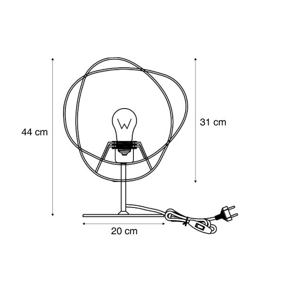 Technische Zeichnung einer Tischleuchte mit Maßen: Höhe 44 Zentimeter, Breite 31 Zentimeter, Standfuß 20 Zentimeter.