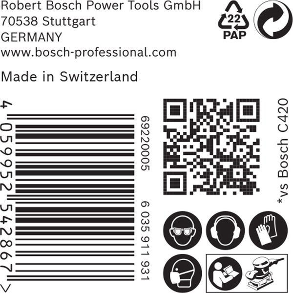 Papierverpackung; Wiederverwerten; Barcode; Qrcode; Augenschutz tragen; Gehörschutz tragen; Handschuhe tragen; Atemschutz tragen; Bedienungsanleitung lesen; Schleifmaschine verwenden