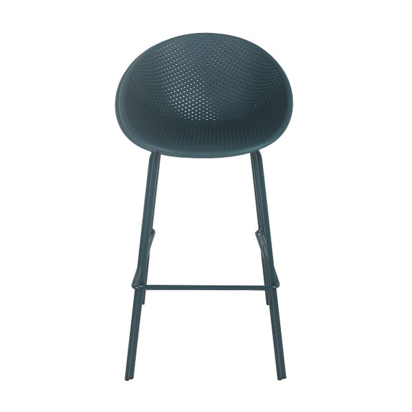 Barhocker in Dunkelgrün mit perforierter Sitzschale aus Kunststoff und Metallgestell mit Fußstütze.