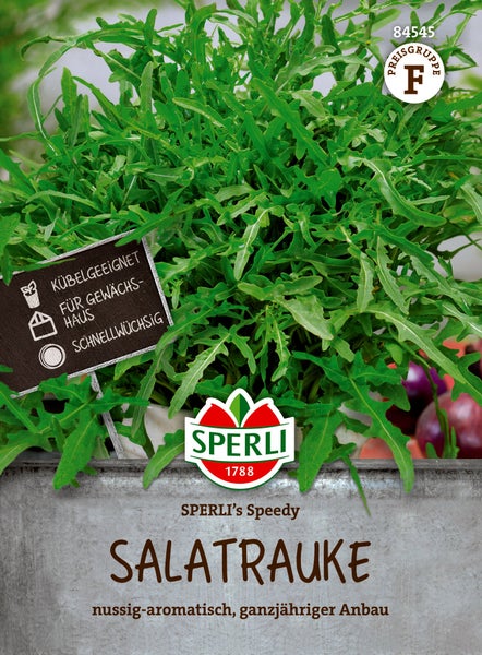 Sperli Rucola Samen Speedy für ganzjährigen Anbau, geeignet für Kübel und Gewächshaus, schnellwachsende Salatrauke mit nussigem Aroma.