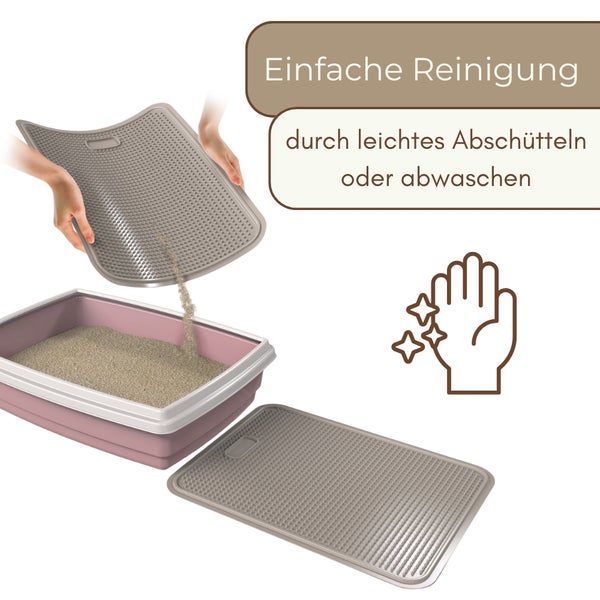 Hände schütteln eine strukturierte Matte über einer Katzentoilette aus. Symbol für einfache Reinigung.