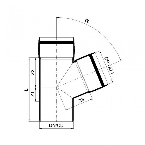 Technische Zeichnung eines Abzweigrohrs mit Maßangaben wie Nennweite, Außendurchmesser, Winkel und Längen.