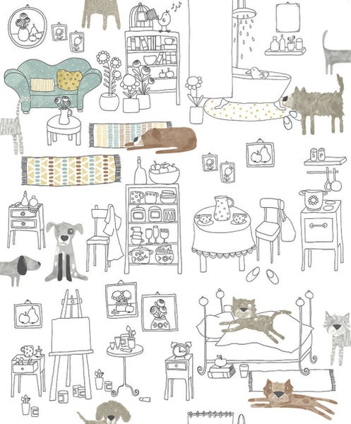 Büroszene mit Schreibtisch, Lampe, Bücherregal und gemusterter Tapete