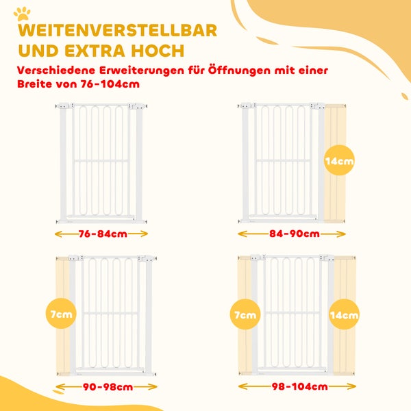 PawHut Türschutzgitter Hund, 76-104 cm Absperrgitter ohne Bohren, Treppengitter aus Stahl, Treppenschutzgitter, Schutzgitter, Sicherheitsgitter für Treppen, Tür, Flur, Weiß
