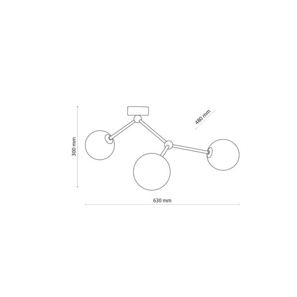 Abbildung einer Deckenleuchte mit drei Kugeln und Maßangaben: 300 mm, 480 mm, 630 mm.