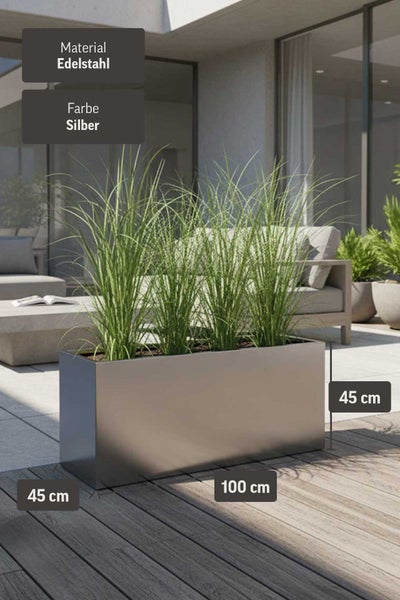 Rechteckiger Pflanzkasten aus Edelstahl in Silber mit den Maßen 100 mal 45 mal 45 Zentimeter, bepflanzt mit Ziergras auf einer modernen Terrasse.