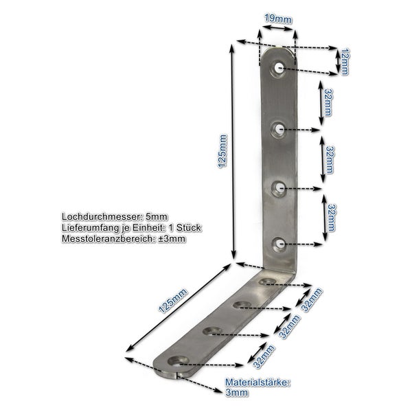 Winkelverbinder aus Metall mit 125 mal 125 Millimeter Schenkellänge und 3 Millimeter Materialstärke inklusive Maßangaben
