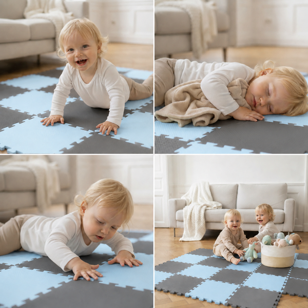 Ein Kleinkind spielt und schläft auf einer weichen Puzzlematte aus Schaumstoff mit quadratischem Stecksystem in einem Wohnzimmer.