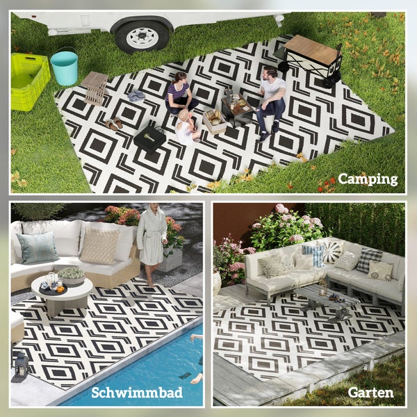 Outsunny Outdoor Teppich robuster Wetterfest Outdoorteppich mit Tragtasche, faltbar Carpet Boho-Style, Outdoor-Teppich für Wohnzimmer Balkon Garten Terrasse Bad Flur Küche, 182 x 274 cm Schwarz+Weiß