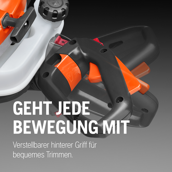 Detailaufnahme Heckenschere mit verstellbarem Griff für komfortables Trimmen.