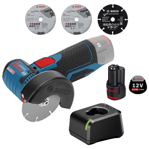 Bosch Professional Akku Winkelschleifer GWS 12V-76 Set inklusive Akku, Ladegerät und drei Trennscheiben.