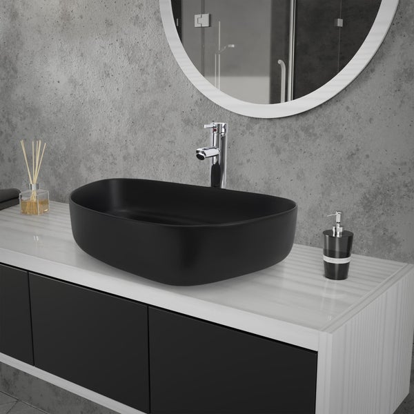 ML-Design Waschbecken aus Keramik Schwarz 55x42x14 cm Oval inkl. Ablaufgarnitur, Moderne Aufsatzwaschbecken, Design Waschtisch Aufsatz-Waschschale Waschplatz Handwaschbecken, für Badezimmer/Gäste-WC
