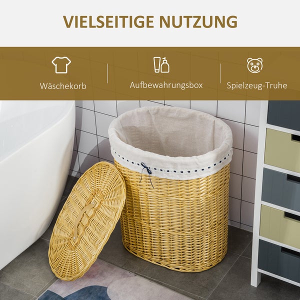 HOMCOM Wäschekorb aus Weide Weidenrute Wäschebox Wäschesammler geflochten mit Wäschesack mit Deckel Natur 100L 51 x 38 x 57 cm