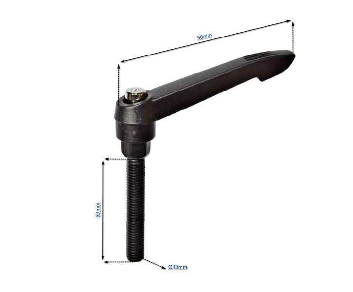 Verstellbarer Klemmhebel mit 50 Millimeter Gewindelänge und 10 Millimeter Durchmesser, 90 Millimeter Hebellänge.