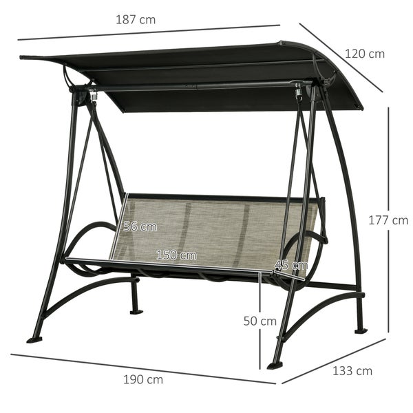 Outsunny Hollywoodschaukel, 3-Sitzer Gartenschaukel mit Verstellbarem Sonnendach, UV-Schutz, bis 330 kg Belastbar, Terrasse, Texteline, Schwarz